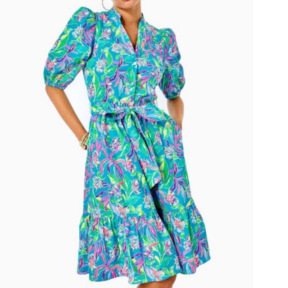 NWT LILLY PULITZER Shona Stretch Shirtdress Formentera Turquoise Size 14